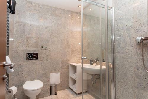 a bathroom with a shower and a toilet and a sink at SISI Pension in Púchov
