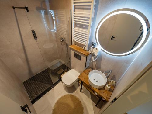 a small bathroom with a toilet and a mirror at Craft Inn - Boutique Hotel in Sibiu