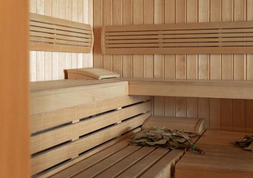 a sauna with wood paneled walls and wooden shelves at Nicosia Central Park Residences in Nicosia