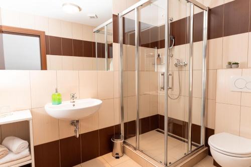 a bathroom with a shower and a sink at SISI Pension in Púchov