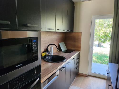 a kitchen with a sink and a microwave at Chillhouse Császárszállás in Nyíregyháza