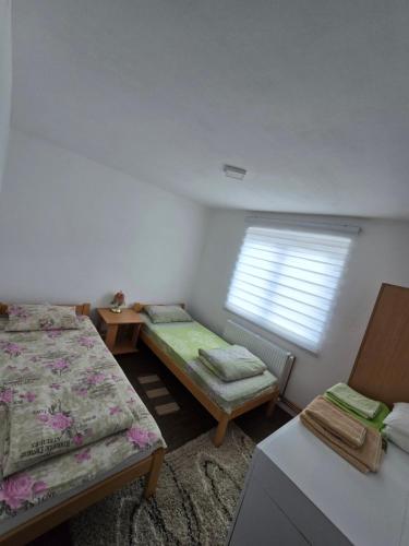a bedroom with two twin beds and a window at Srebrna dolina in Kremna