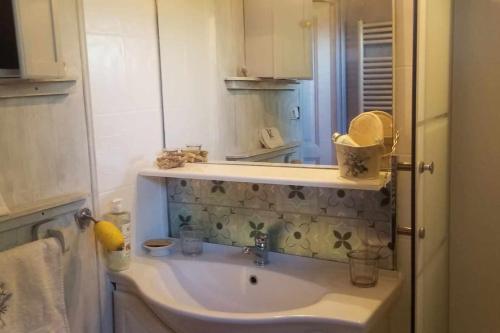 une salle de bain avec un lavabo et un miroir dans l'établissement Maison typique normande- Le Gite du chat bleu, à Illeville-sur-Montfort