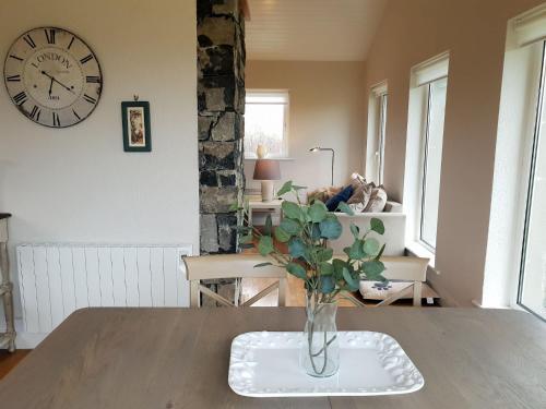 a vase with a plant on a table with a clock at Murlach Moorings in Ballyconneely