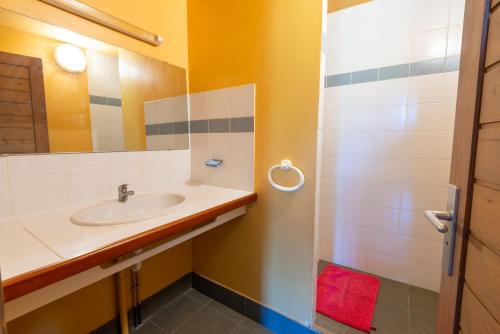 une salle de bain avec un lavabo et un miroir dans l'établissement Gîte Gîtes de France 3 épis 4/6 personnes au Falisson, à Saint-Beauzile