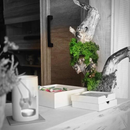 a white table with plants and a vase on it at Apartament ,,Kraina Alicji'' in Wałbrzych