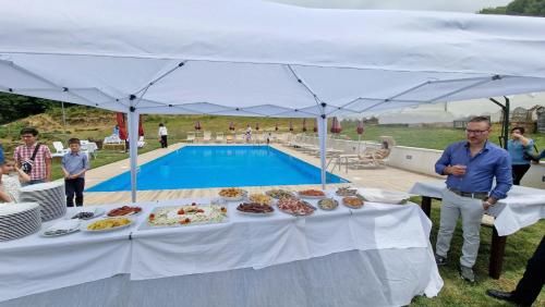 a man standing in front of a table with food next to a pool at Agriturismo Ferrari in Dipignano