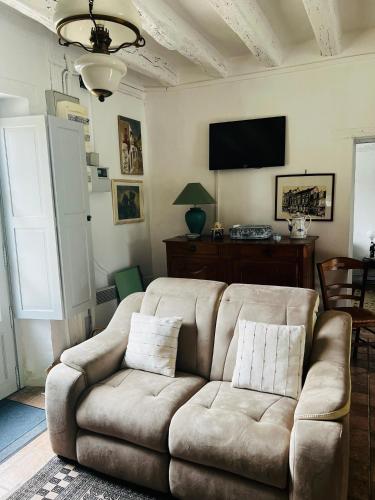 a living room with a couch and a flat screen tv at Château de la Thibaudière - Studio de Madame de Savary in Allonnes