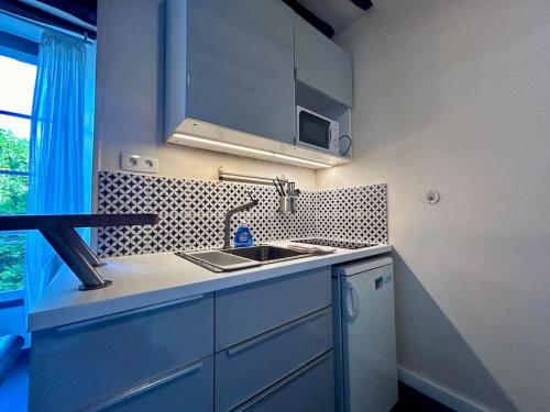 une cuisine avec des armoires bleues et un évier dans l'établissement Studio St Merry - Fontainebleau, à Fontainebleau