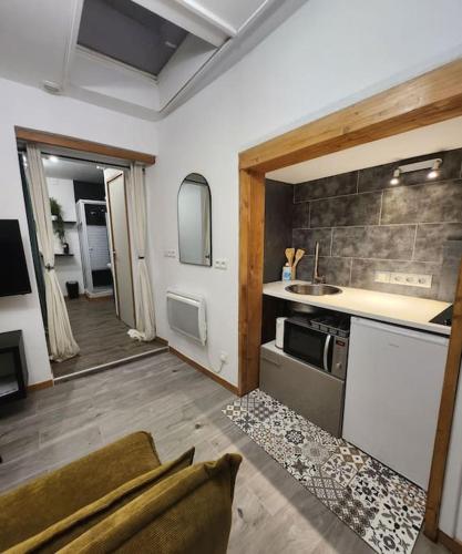 une petite cuisine avec un évier et une cuisinière dans l'établissement La petite loge de l'ile, à Nantes