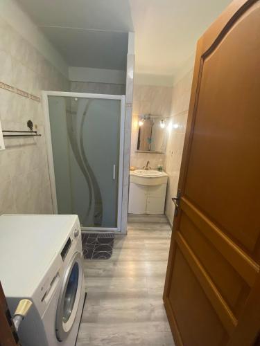 une machine à laver dans une salle de bain avec un lavabo dans l'établissement Maison de vacance Valras-Plage, à Valras-Plage