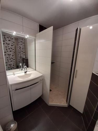 une salle de bain blanche avec un lavabo et une douche dans l'établissement Le Maraîcher avec terrasse, wifi, parking gratuit, à Belfort