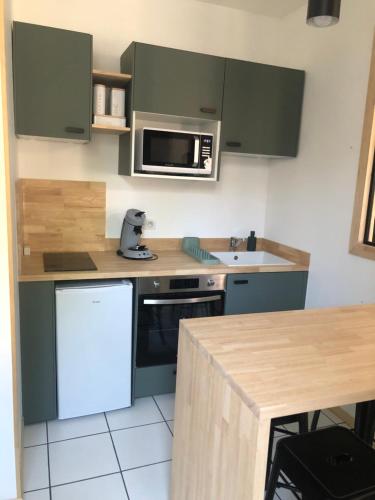 une cuisine avec des placards verts et un comptoir dans l'établissement Charmante petite maison proximité Vichy centre, à Vichy