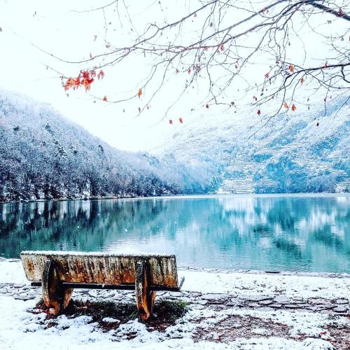 a bench sitting next to a lake in the snow at Casa vacanze "INCANTO DEL LAGO" in Corna