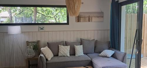 - un salon avec un canapé gris et des oreillers dans l'établissement Maison neuve jardin & terrasse, à Lanton