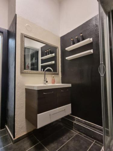 a bathroom with a sink and a mirror and a shower at Nr 5 Doppelzimmer mit Talblick in Annaberg-Buchholz