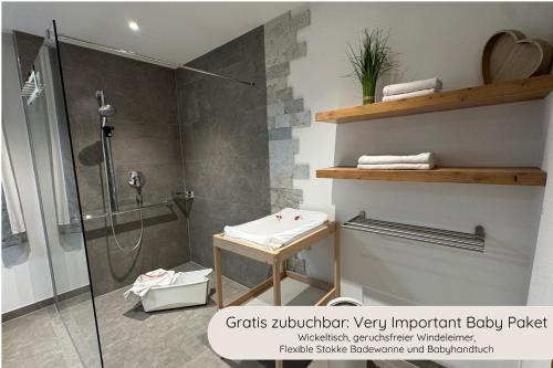 a bathroom with a shower stall and a toilet at INVITA Natur-Chalets - Familienurlaub im Schwarzwald in Bad Dürrheim