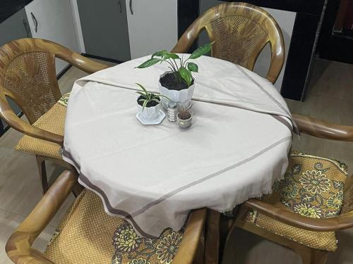 a table with a white table cloth and two plants on it at Bipana's Homestay & Apartment in Kathmandu