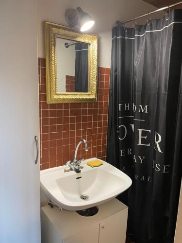 a bathroom with a sink and a black shower curtain at Le Joy - Murat le Quaire - 5 pers in Murat-le-Quaire