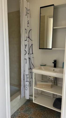 une salle de bain avec un lavabo et un rideau de douche dans l'établissement Beau soleil n 18, à Port-la-Nouvelle