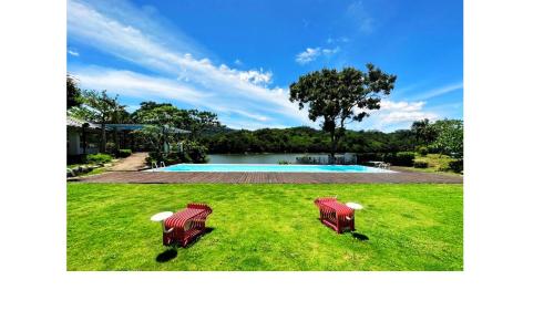 two chairs sitting in the grass near a swimming pool at 水漾月明度假文旅 in Touwu