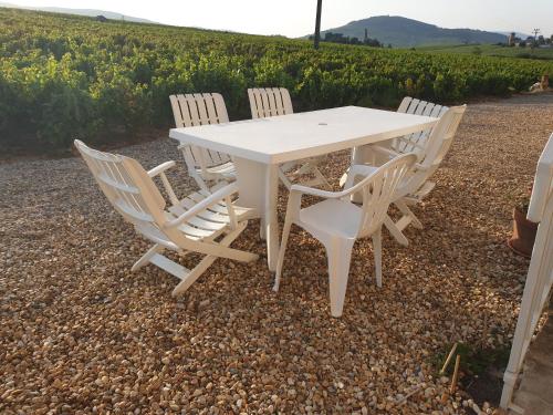 une table blanche et quatre chaises avec un vignoble dans l'établissement Les caboches de Garanche, à Charentay
