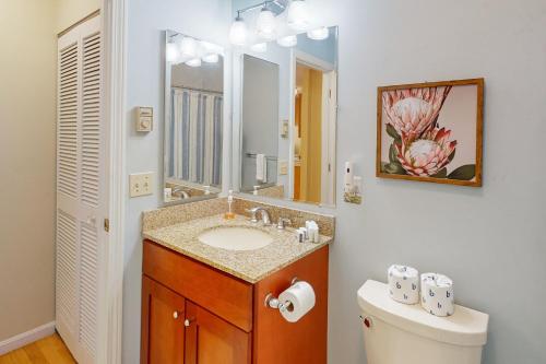 a bathroom with a sink and a mirror and a toilet at Ocean Edge Retreat in Brewster