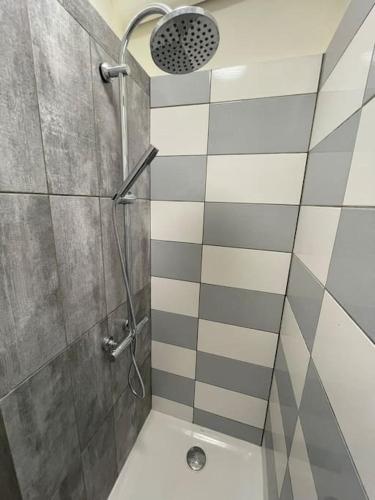 une salle de bain avec une douche avec une porte vitrée dans l'établissement Appartement cosy pour 2 personnes, à Molinges
