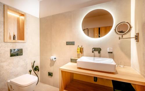 a bathroom with a sink and a toilet and a mirror at Penzion U Mě in Obora