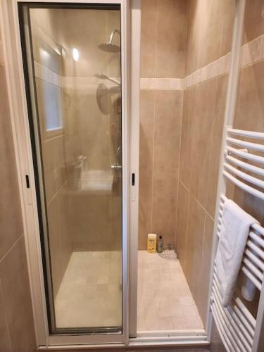 une douche avec une porte vitrée dans une salle de bain dans l'établissement Très bel appartement en résidence avec parking, à Bastia