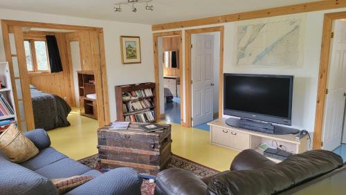 a living room with a couch and a television at La maison du capitaine est à vous! in Tadoussac