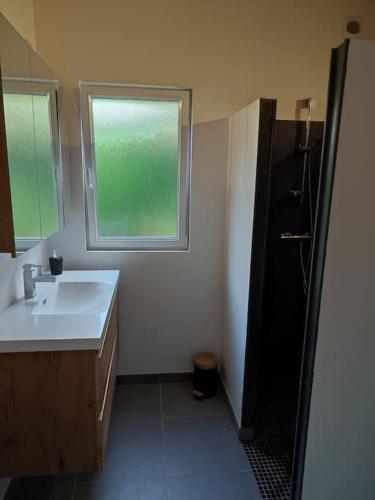 une salle de bain avec un lavabo et une fenêtre dans l'établissement Chez Gwen et Lulu - Maison en Bois - Trébeurden, à Trébeurden