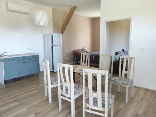 une cuisine et une salle à manger avec une table et des chaises dans l'établissement Maison charmante à Campsas avec terrasse et jardin, à Campsas