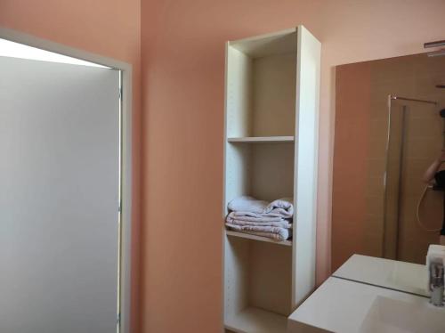 La salle de bains est pourvue d'un miroir et d'un porte-serviettes. dans l'établissement Maison charmante à Campsas avec terrasse et jardin, à Campsas