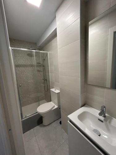 a bathroom with a shower and a toilet and a sink at Apartamentos Yiya in Málaga