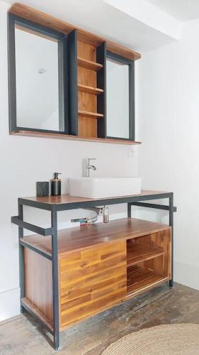 une vanité de salle de bain avec un lavabo et un miroir dans l'établissement Le Pradel, à Carcassonne