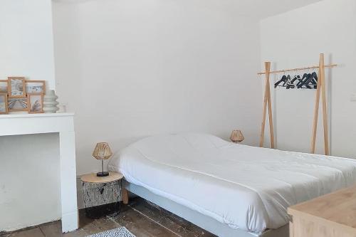 a white bedroom with a bed and a fireplace at Le Pradel in Carcassonne