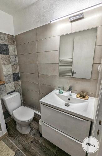 une salle de bain avec toilettes, lavabo et miroir dans l'établissement Douceur Nîmoise en centre ville - RDC et extérieur, à Nîmes