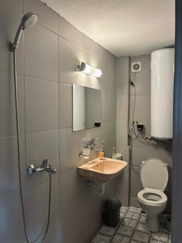 a bathroom with a shower and a toilet and a sink at Вила 50 in Atiya