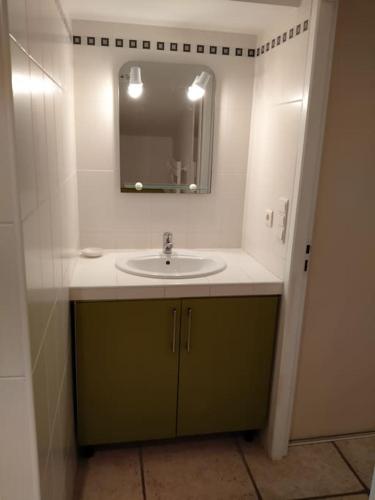 une salle de bain avec un lavabo et un miroir dans l'établissement Mas Picton Maison 4 chambres dans Mas piscine proche mer, à Argelès-sur-Mer