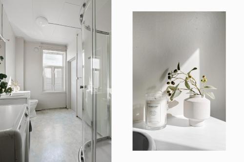 two pictures of a bathroom with a sink and a toilet at Historical villa in the city center in Tromsø