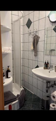 a bathroom with a sink and a shower at House of BaRanGo in Präbichl