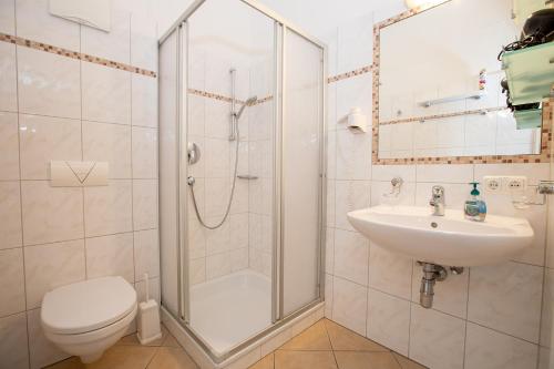 a bathroom with a shower and a sink and a toilet at Chalet Central Top CC 7 in Königsleiten