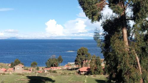 a large body of water with a house and trees at MOON NIGHT Amantani Lodge in Amantani