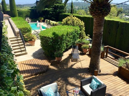 a patio with a palm tree and a swimming pool at Villa Oleander, Mougins in Mougins