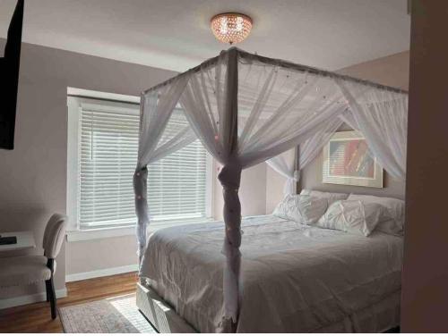 a bedroom with a canopy bed and a window at Sunny Lavender Canopy Retreat in Cleveland