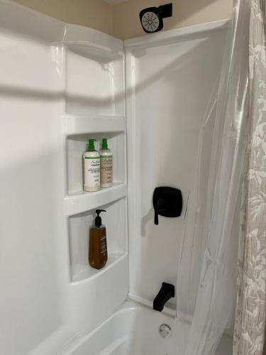 a bathroom with a bath tub with two bottles of soap at Stained Glass Serenity Suite in Cleveland