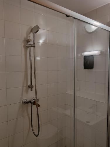 d'une douche avec une porte en verre et un pommeau de douche. dans l'établissement Paris cosy private room with shared space - Chambre privée avec espace commun Paris, à Vitry-sur-Seine