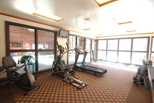 a gym with treadmills and exercise bikes in a room at Platinum Studio Pool-Spa Ski-in out Gym, Sauna, Laundry, BBQ in Brian Head