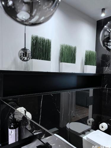 a bathroom with a sink and a mirror with green brushes at AMuSE ME in Kielce